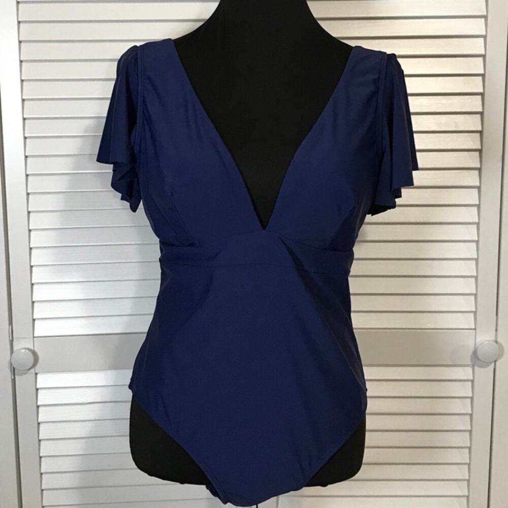 NWT Cupshe Navy Blue One Piece Ruffle Sleeves Beachwear Swimsuit L